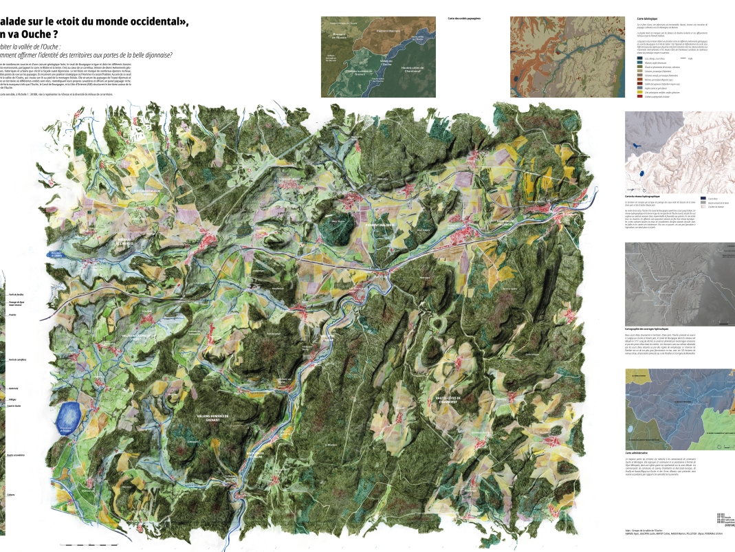 Agrandir l'image - fenêtre modale - Atlas des paysages de la Vallée de l'Ouche comportant une carte principale et 5 encarts (géographie, hydrographie, etc).