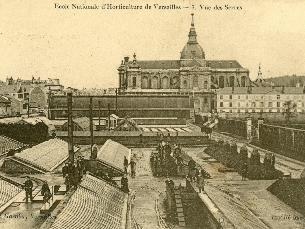 Agrandir l'image - fenêtre modale - Bangillon, École nationale d’horticulture de Versailles, n°7 « Vue des serres », Versailles, éditions L. Garnier, 1900 ca.