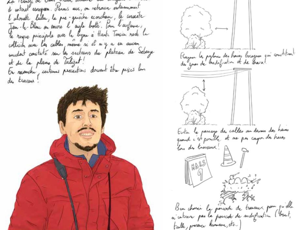 Agrandir l'image - fenêtre modale - Le chargé de secteur à la Ligue de la Protection des Oiseaux du Cantal explique le risque engendré par la ligne Haute Tension pour les oiseaux.