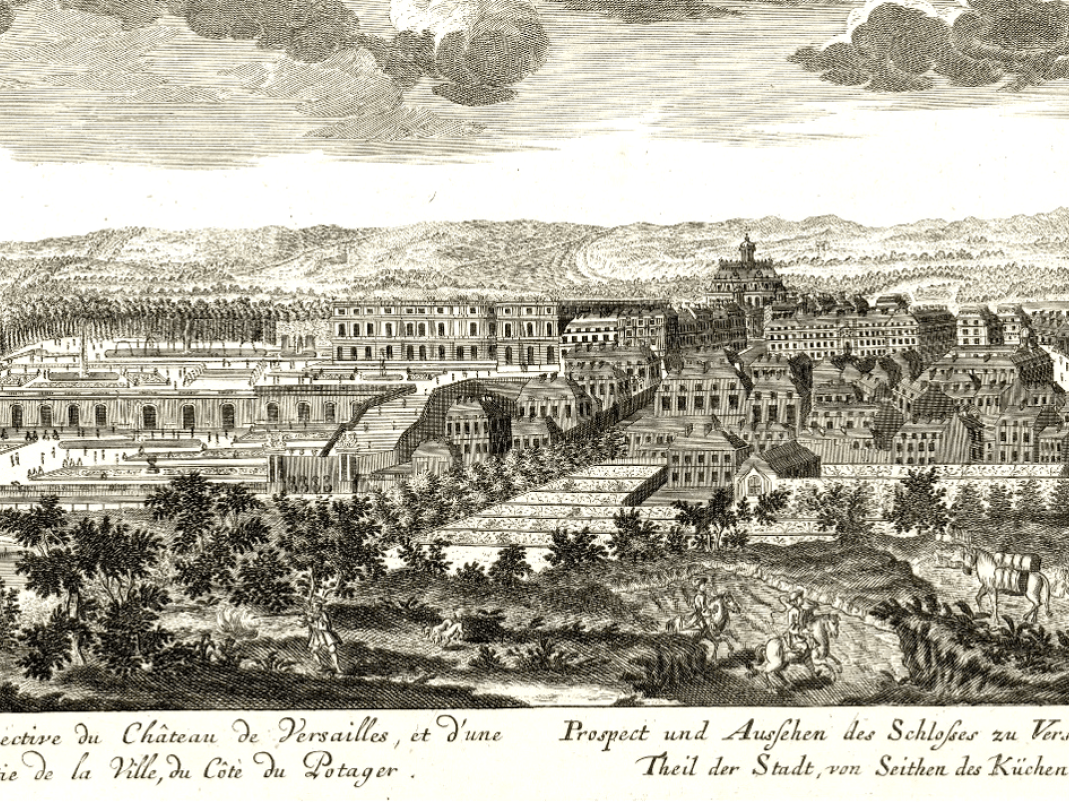 Agrandir l'image - fenêtre modale - Circa 1710. Pierre Menant, Vue et perspective du Château de Versailles et d’une partie de la ville du côté du Potager, estampe. L’intitulé de la gravure, qui a beaucoup circulé, place le Potager comme élément de transition de la campagne vers la ville et le Château.