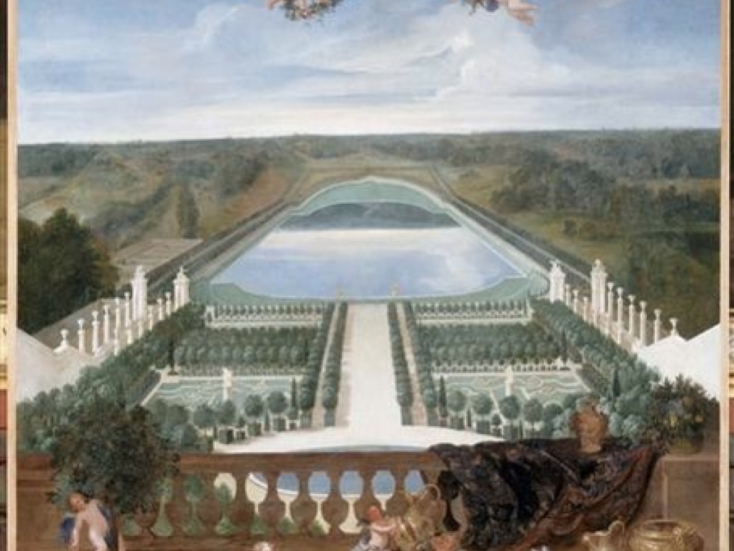 Agrandir l'image - fenêtre modale - 1688. Jean Cotelle, Vue de l’orangerie, de la pièce d’eau des Suisses et du Potager du Roi de Versailles, huile sur toile, 208 x 137 cm. L’Orangerie et le Potager du Roi font partie intégrante du programme iconologique global du château de Versailles.