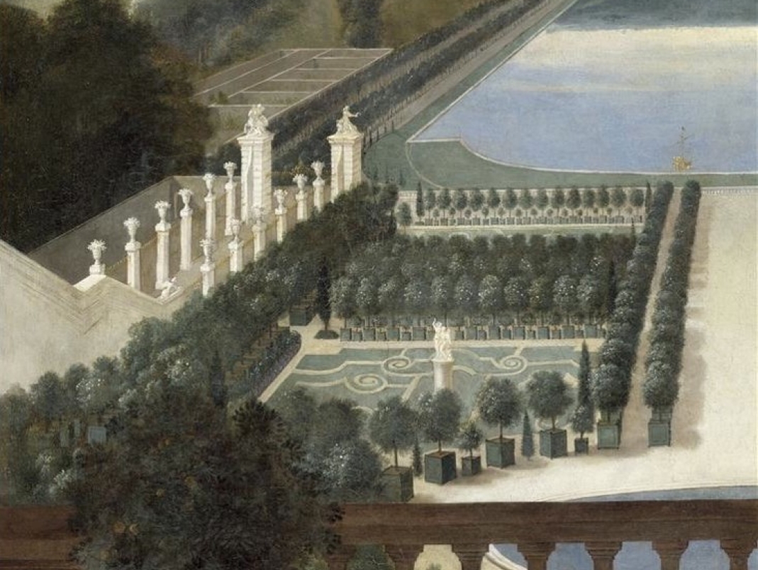 Agrandir l'image - fenêtre modale - 1688. Jean Cotelle, Vue de l’orangerie, de la pièce d’eau des Suisses et du Potager du Roi de Versailles (détail), huile sur toile, 208 x 137 cm. L’Orangerie et le Potager du Roi font partie intégrante du programme iconologique global du château de Versailles. 
