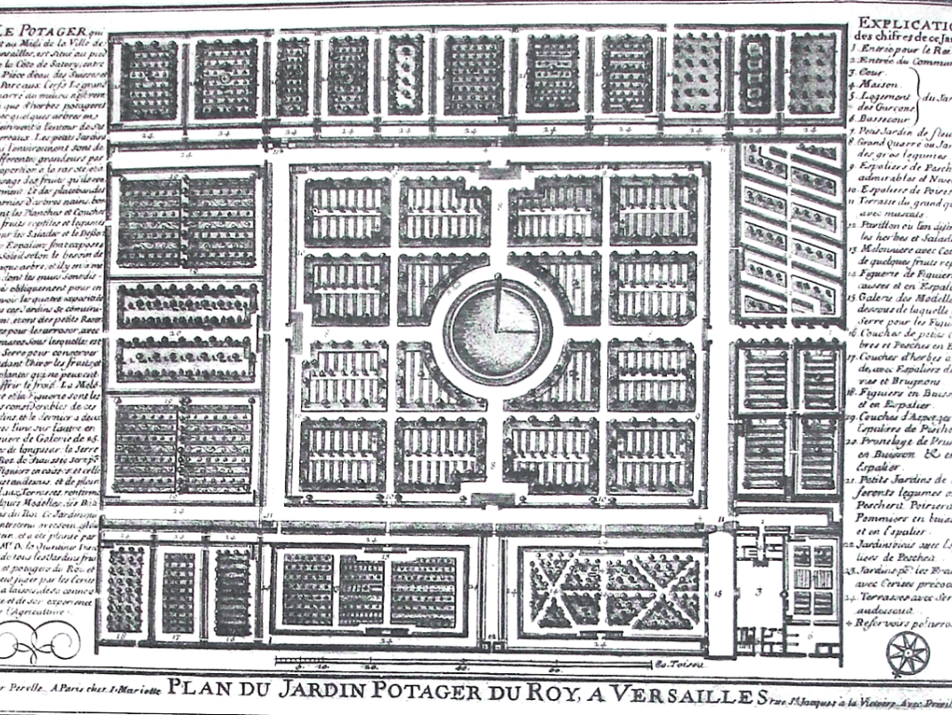 Agrandir l'image - fenêtre modale - Circa 1690. Perelle, Plan du Jardin potager du Roi à Versailles, estampe, 23 x 32,8 cm. 