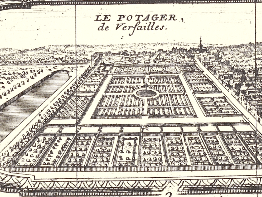 Agrandir l'image - fenêtre modale - Le Potager de Versailles, vignette du plan de Nicolas De Fer, Le Nouveau plan de Paris dressé sur les Mémoires de M. Jouvin de Rochefort, monographie imprimée (BNF). 