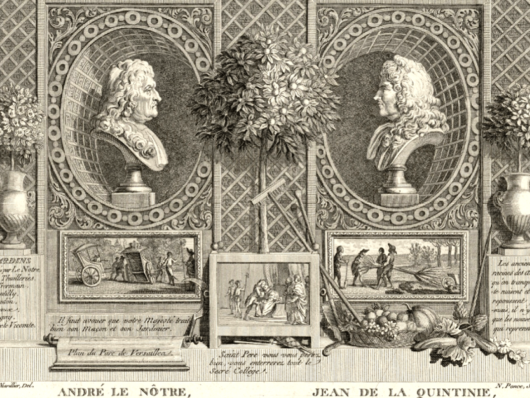 Agrandir l'image - fenêtre modale - 1790. Nicolas Ponce (d’après un dessin de Clément-Pierre Marillier), André Le Nôtre. Jean de La Quintinie, extrait de Les Illustres Français, gravure, burin, 31,7 x 22,1 cm.