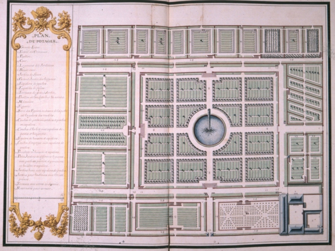 Agrandir l'image - fenêtre modale - 1720. Jean Chaufourier, Plan du Potager, aquarelle, maroquin, 45 x 56,5. 