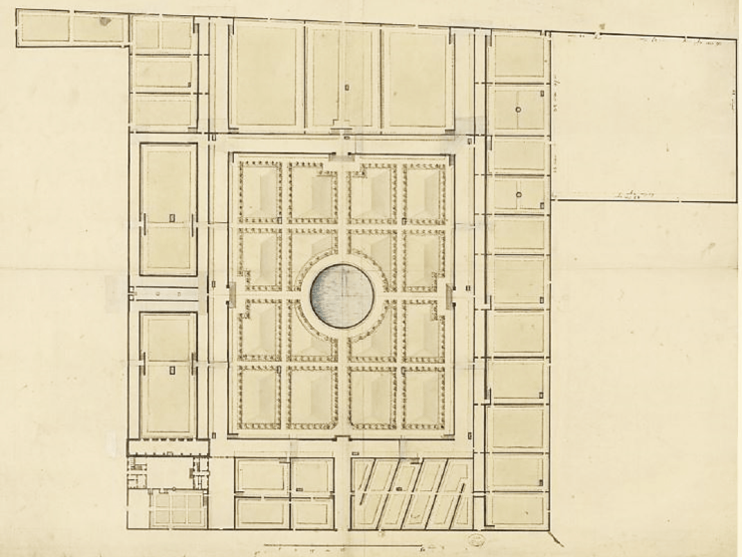Agrandir l'image - fenêtre modale - Après 1700. Jules Hardouin-Mansart (attribué à l’agence de), Plan du potager de Versailles (avec retombes), dessin, plume, encre de Chine, lavis, 64,6 x 84,9 cm.