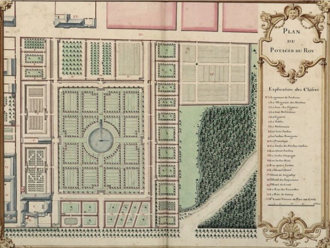 Agrandir l'image - fenêtre modale - 1732. Jacques Dubois, Plan du Potager du Roi, plan colorié, 50,5 x 67 cm.