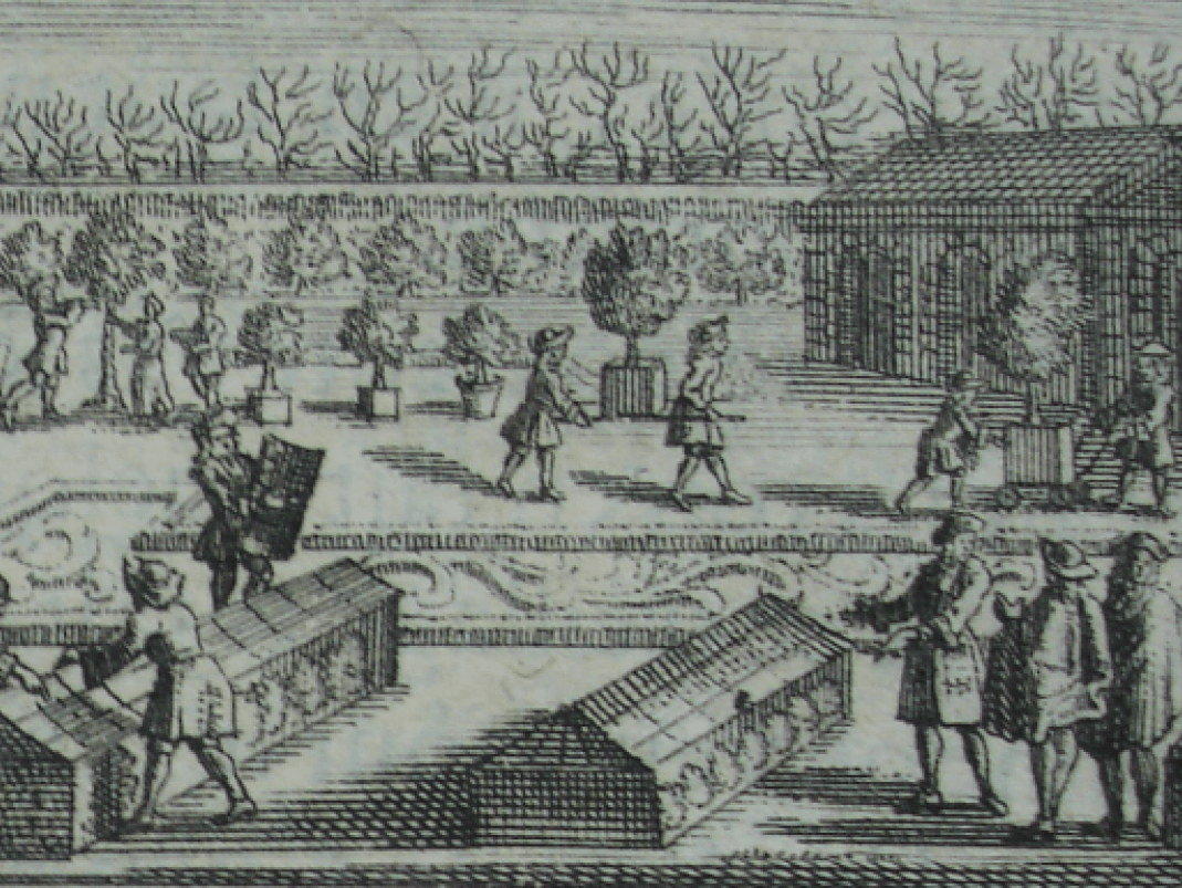 Agrandir l'image - fenêtre modale - 1730. Produire hors saison. Cette image est une des quatre vignettes qui ouvre le 6e livre de Jean-Baptiste de La Quintinie, Instruction pour les jardins fruitiers et potagers, Paris, Claude Barbin, 2 vol.