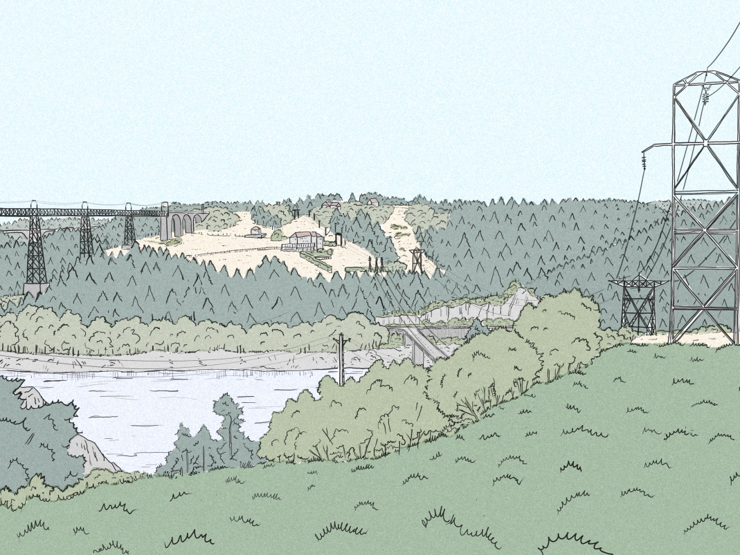 Agrandir l'image - fenêtre modale - Les câbles électriques enjambent la vallée comme le viaduc, site de Garabit. 