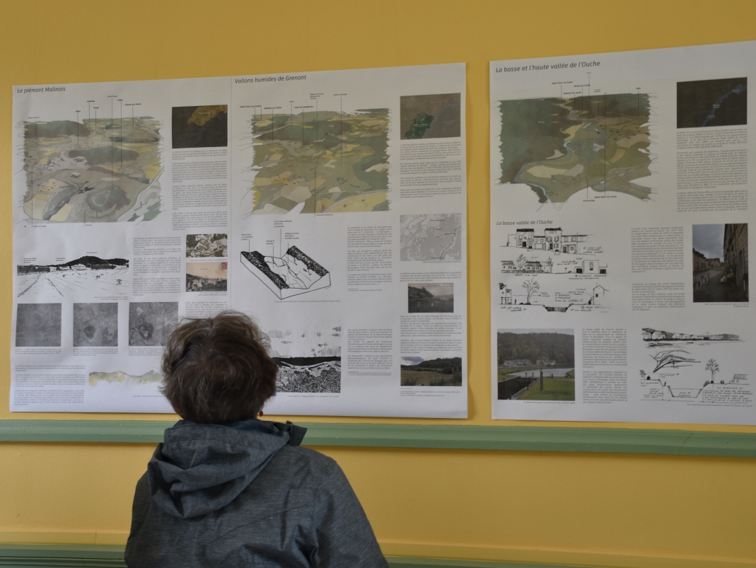 Agrandir l'image - fenêtre modale - Un habitant regarde les travaux des étudiants affichés au mur