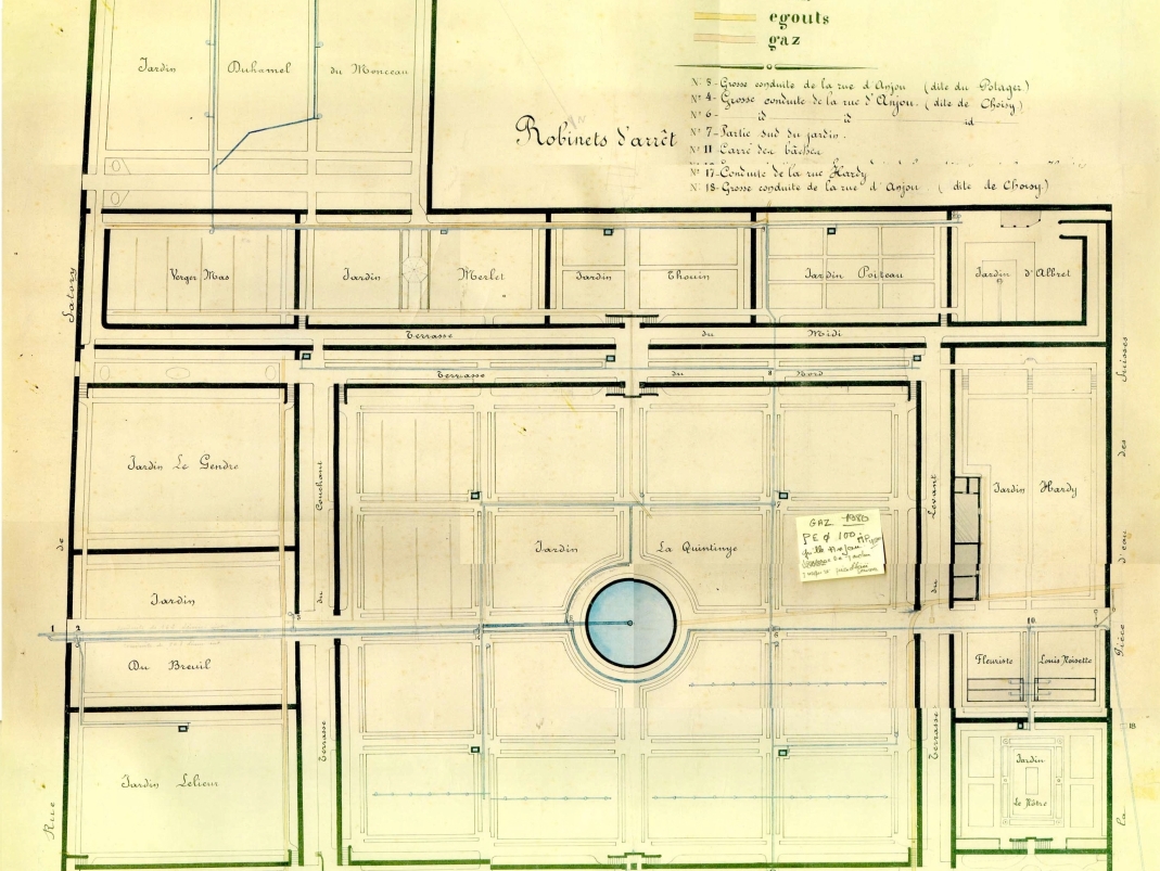 Agrandir l'image - fenêtre modale - Plan de l’ENH, circa 1902, indique la toponymie Jardin Duhamel du Monceau.