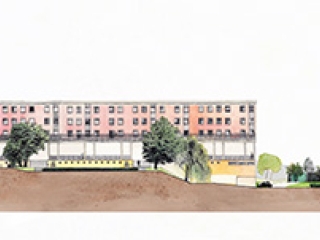 Agrandir l'image - fenêtre modale - Coupe longeant le bâtiment sur pilotis, montrer les espaces ouverts et les espaces clos.
