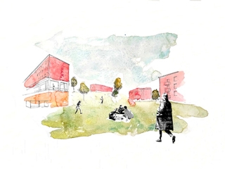 Agrandir l'image - fenêtre modale - Croquis d'ambiance imaginant une vue ouverte sans local poubelle.