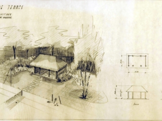 Agrandir l'image - fenêtre modale - dessin en crayon de la vue en perspective du pavillon de tennis