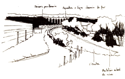 Agrandir l'image - fenêtre modale - Illustration paysagère en noir et blanc d'une zone pavillonaire devant un aqueduc en Vallée de l'Ouche